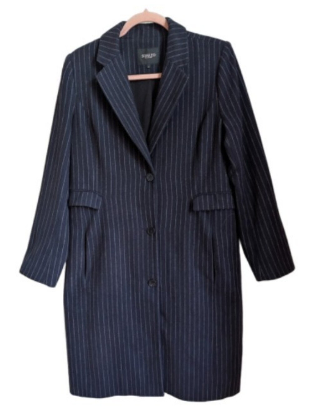 SOAKED IN LUXURY Dark Navy Wool Minimalist Pinstripe Long Blazer Coat Medium